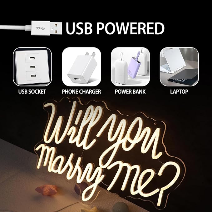 Will You Marry Me Sign for Wall Decor Led Neon Lights for Teen Bedroom Decor Art Light Up Letters Will You Marry Me Neon Signs for All Wedding Party Proposal Decorations (warm white)