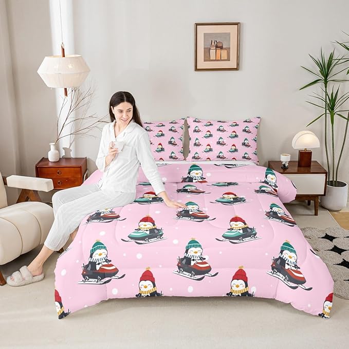 Feelyou Christmas Kids Comforter Set King Size Pink Penguin Bedding Set Cartoon Penguin Skiing Duvet Quilt for Kids Boys Girls Bedroom Snowflake Decor Microfiber Ultra Soft Breathable