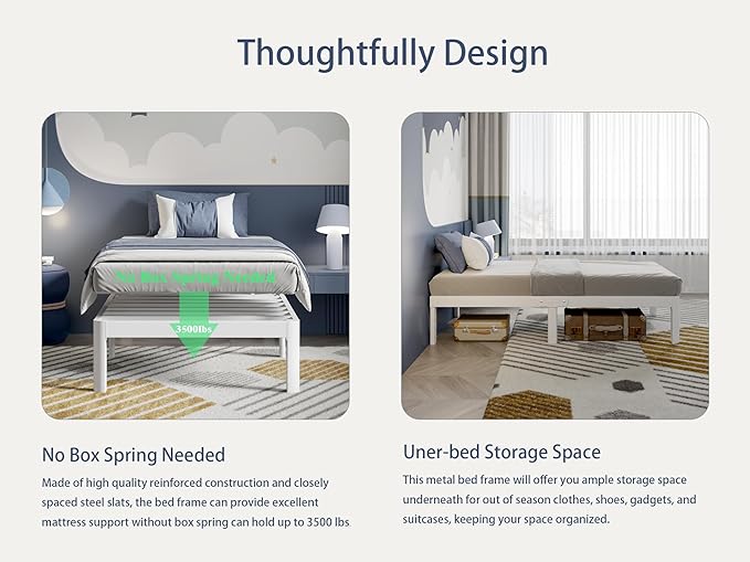 White Twin Size Bed Frames 12 Inch, Metal Platform Twin Bed Frame No Box Spring Needed, Heavy Duty Steel Support 3500 LBS, DIY Headboard, Round Legs, Noiseless, Storage Space, Easy Assembly
