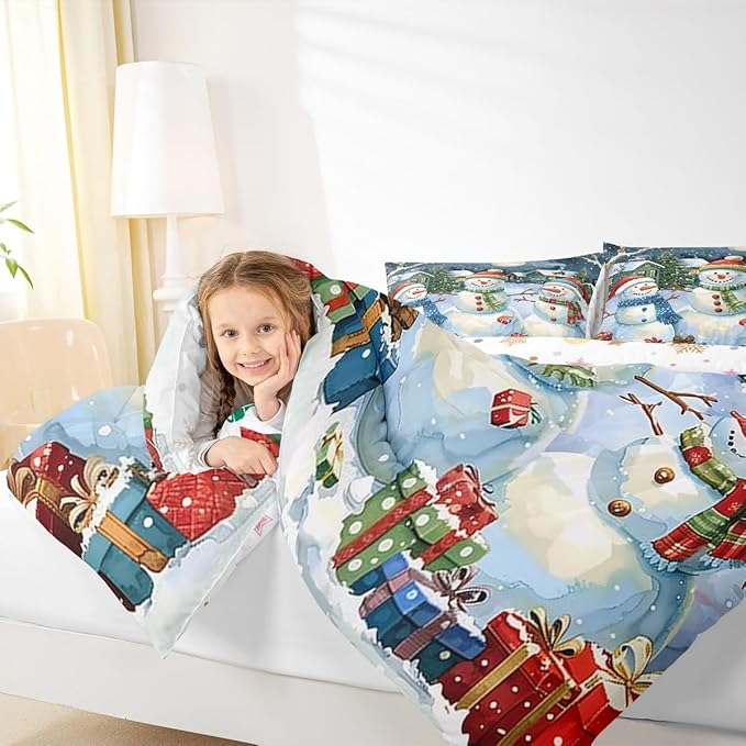 jejeloiu Kids Snowman Comforter Set Full Size Countryside Christmas Theme Bedding Set for Boys Girls Teens Xmas Tree Snowflake Winter Happy New Year Duvet Quilt Room Decor