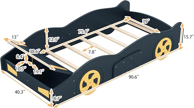 SOFTSEA Twin Car Shaped Bed Frame Modern Car-Shaped Platform Bed with Storage Headboard and Wheels, Wood Twin Platform Bed with Storage for Kids Boys, No Box Spring Needed, Blue+Yellow