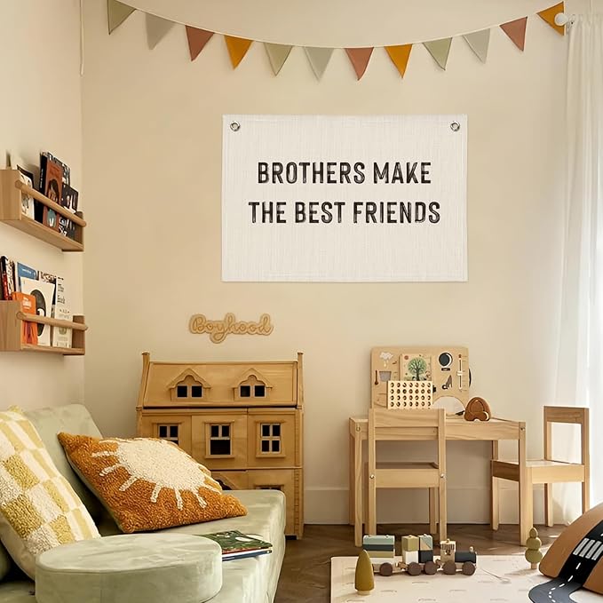 Boys Room Decor, Brothers Make The Best Friends, Canvas Banner Wall Hanging Flag Decor for Nursery Classroom Playroom Kids Room