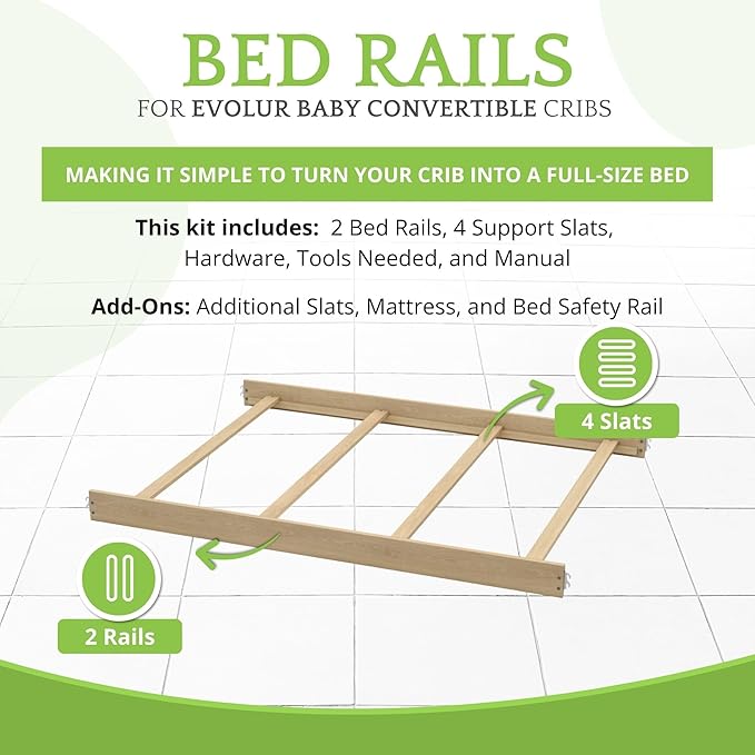 Full-Size Conversion Kit Bed Rails for Evolur Cribs - Solid Wood Crib Convertible Kit to Kids Bed - Transitional Style Rails & Easy-to-Install Child Essentials for Safety (Unfinished)