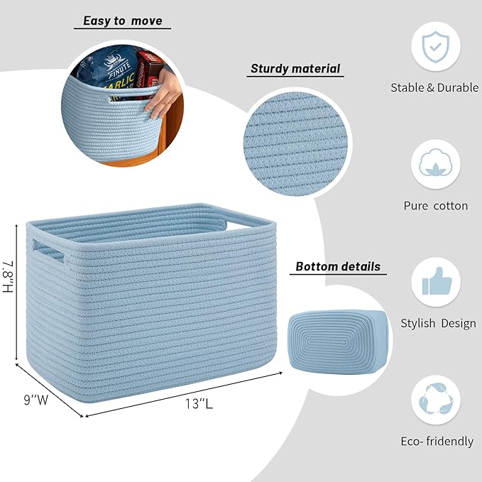 4 Pack Storage Baskets for Organizing Toys, Towels, and Clothes, Woven Basket for Shelves, Sturdy Nursery Cube Bins for Storage, 13''L x9''W x7.8''H, Blue