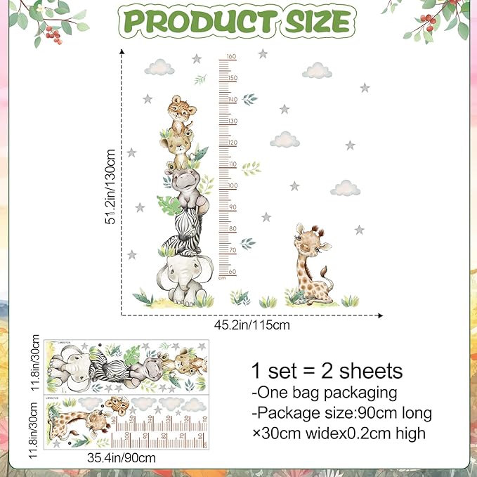 Jungle Animals Height Chart Sticker for Kids Height Measurement Growth Chart Wall Decals Cartoon Animals Giraffe Elephant Height Measurement Ruler Wall Decor for Kids Baby Bedroom Classroom Decoration