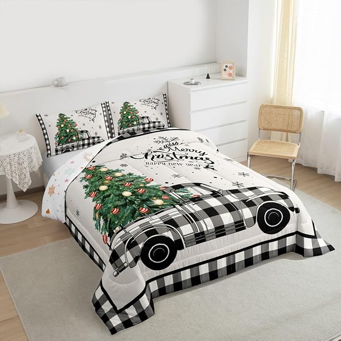 Christmas Truck Kids Comforter Set King Size,Snowflake Pines Trees Rustic Bedding,Girls Boys Adults Bedroom/Xmas Cabin Decor,Geometric Grids Lattice Down Comforter,Retro Duvet Insert,2 Pillowcases