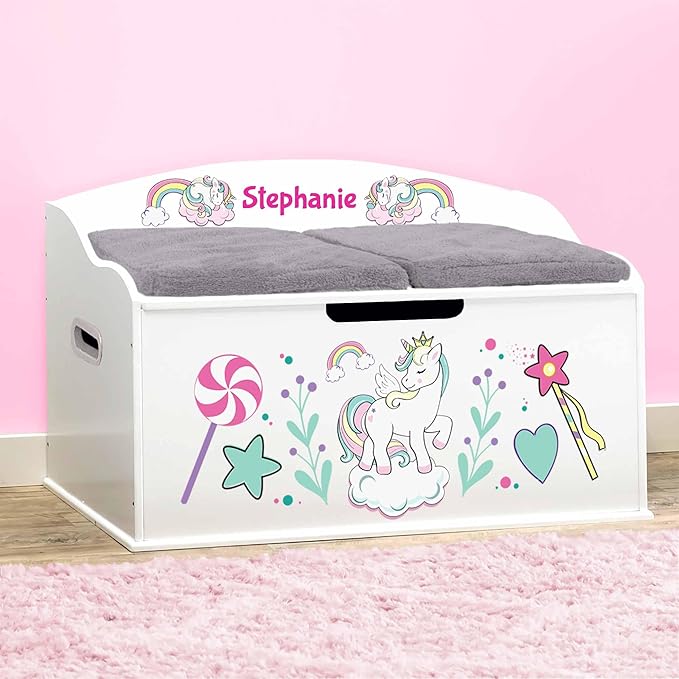 DIBSIES Personalized Creative Wonders Toy Box, Unicorns & Rainbows, 30 x 19.25 x 18 inches, Soft-Close Lid (White)