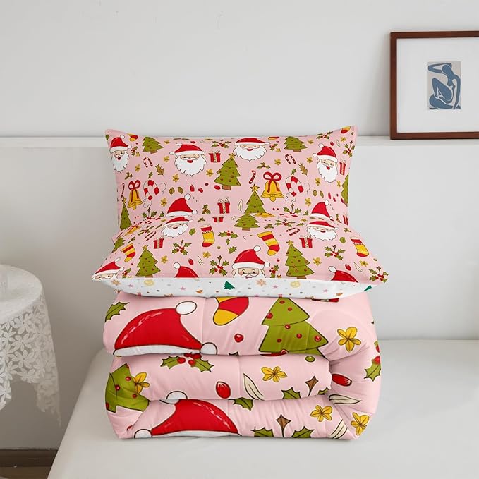 Feelyou Christmas Bedding Set for Kids Boys Girls Full Size Cute Santa Claus Comforter Set Ultra Soft Comforter Xmas Tree Duvet Quilt Bedroom Decor Berries Pattern Printed Quilt