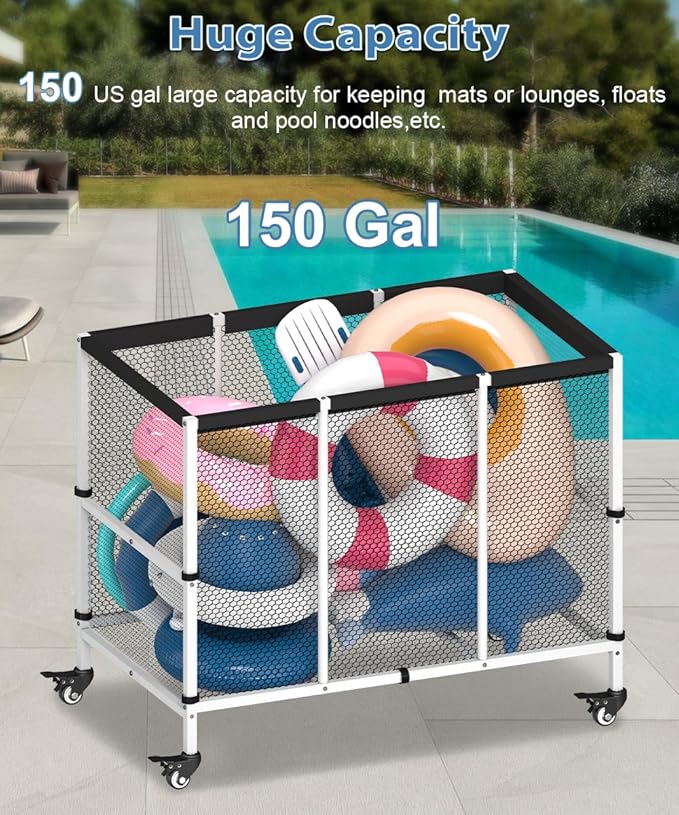 150 Gallon Swimming Pool Storage Bin, Outdoor Rolling Pool Toy Organizer Cart for Swimming Acessories, Pool Noodles Holder for Floaties, Life Vests, Beach Essentials, Patio Furniture, White