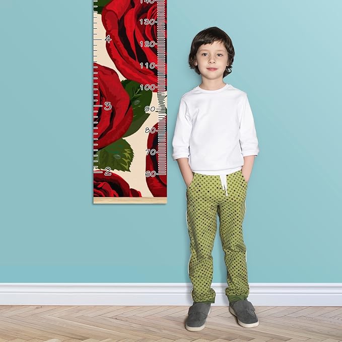 Personalized Kids Name Growth Chart Ruler for Wall Wood Frame Height Measure Chart 13.4x56 in Linen Hanging Height Growth Chart Vintage Red Rose Kids Room Decor