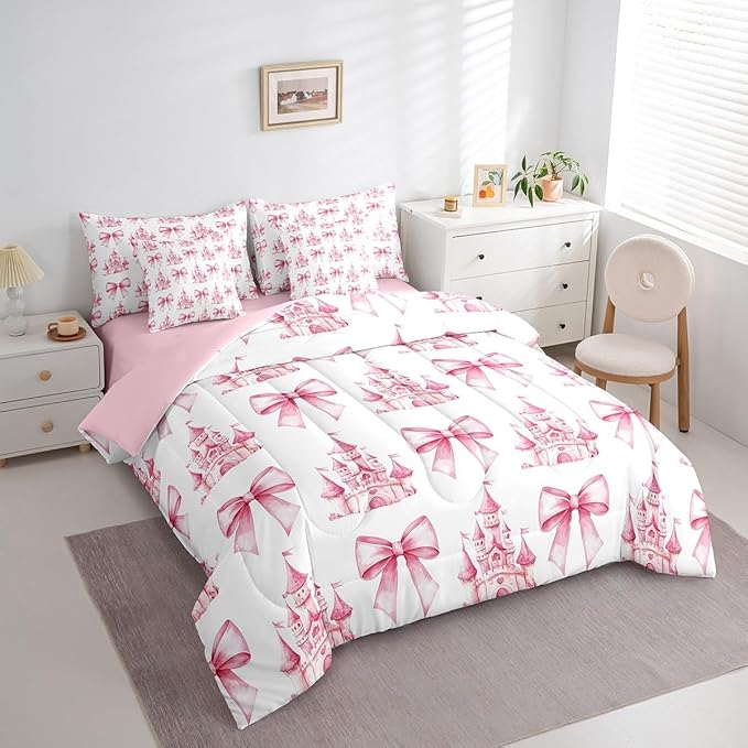 7 Pieces Pink Bowknot Kids Comforter Queen,Castle Tale Princess Toddler Bedding Set,Bow Tie Butterfly Knot Girlish Romantic Fashion（Comforter+Fitted+Flat Sheet+2 Pillowcases+2 Throw Pillow Covers）