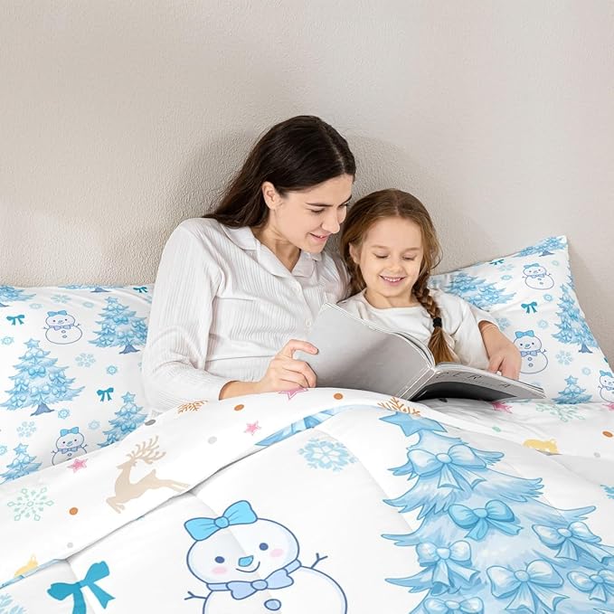 Feelyou Merry Christmas Bedding Set Soft for Boys Girls, Cute Snowman Comforter Set Twin Size Cartoon Bowknot Duvet Quilt Microfiber Christmas Tree 2 Pcs with 1 Pillow Cases