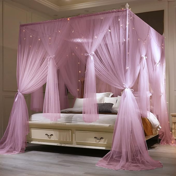 VETHIN 4 Corners Post Princess Bed Canopy Curtain Double Layer Cozy Drape Netting 4 Opening Mosquito Net for Girls & Adults Bedroom Decoration Accessories (Double Pink, 59" W*82" L*82"*H/(Queen))