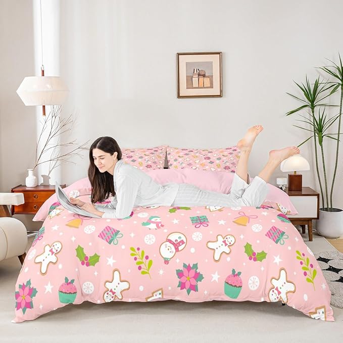 Christmas Kids Bedding Set Cartoon Christmas Tree Snowman Duvet Cover for Boys Children Teens Bedroom Decor Flower Birds Comforter Cover Set Pink New Year Bedspread Cover Twin Size with 1 Pillow Case