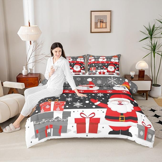 Feelyou Christmas Bedding Set Soft for Boys Girls, Merry Christmas Comforter Set Twin Size New Year Gift Duvet Quilt Microfiber Snowflake Bedroom Decor 2 Pcs with 1 Pillow Cases