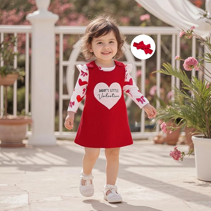 FIOMVA My First Valentines Day Outfit Clothes Baby Girl Romper Love Onesie Heart Embroidery Overalls Suspender Dress Set