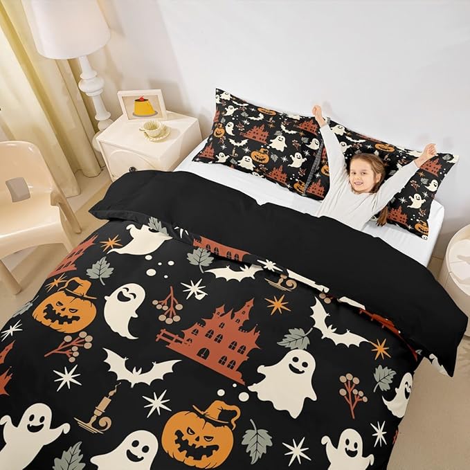 Halloween Bedding Duvet Cover Set Kids Cartoon Jack O Lantern Bedding Set Kids Ghost Pumpkin Lantern Decor Comforter Cover Set Microfiber Bats Castle Bedspread Cover Bedroom Bedclothes King Size