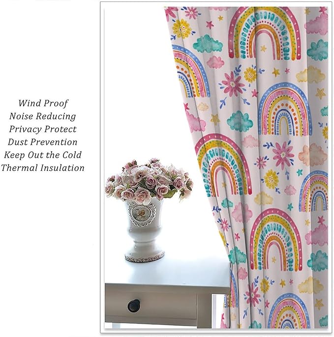 Kids Rainbow Curtains Boho Cartoon Colorful Stars Pink Lovely Rainbow Abstract Art Pattern Print Window Drapes for Bedroom Living Room Kitchen Decor,2 Panel Set,55x63 Inch Blackout