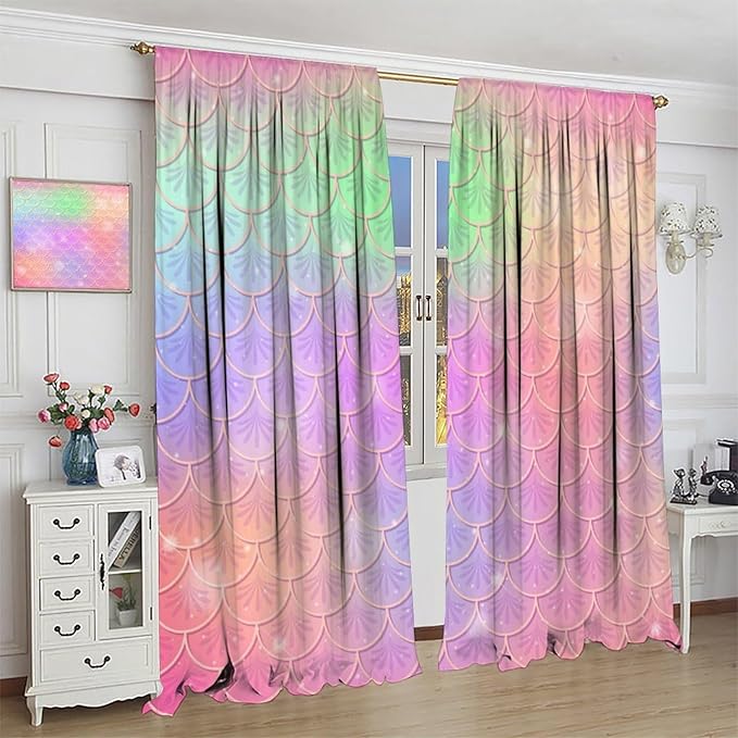 Mermaid Curtains, Kids Cartoon Watercolor Sea Animals Mermaid Princess Scales Pattern Print Living Room Decoration for Kids Girls Bedroom Nursery 42x45 Inch