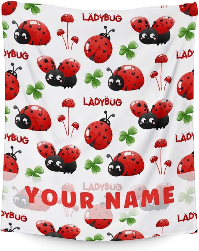 Custom Ladybug Throw Blanket - 50 x 60 Inches Cute Girls Gifts for Lady Bug Lovers - White Fuzzy Soft Decor for Sofa, Trip