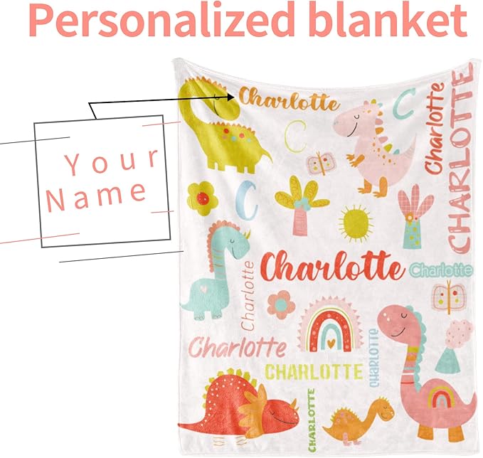 Personalized Dinosaur Blanket with Name for Girl, Custom Kids, Soft Flannel Pink Toddler Customized Gift Birthday Christmas Baby Shower Children Day, 40''x50'' child