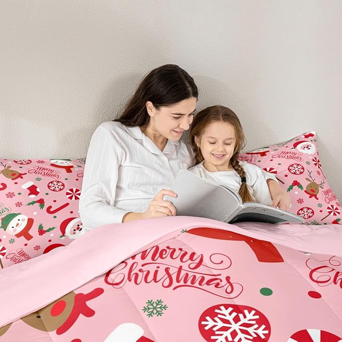 Feelyou Merry Christmas Kids Comforter Set Toddler Size Santa Claus Snowman Bedding Set Deer Berries Duvet Quilt for Kids Boys Girls Bedroom Snowflake Decor Microfiber Ultra Soft Breathable