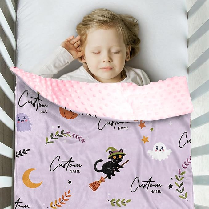 Personalized Halloween Blanket for Girls, Custom Baby Blanket with Name, Cat Pattern Soft Minky Dot Blanket, Halloween Decor Christmas Birthday Gifts for Kids Toddlers