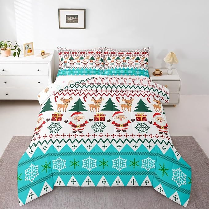 Feelyou Merry Christmas Bedding Set Soft for Boys Girls, Santa Claus Comforter Set Twin Size Cute Deer Duvet Quilt Microfiber Snowflake Bedroom Decor 2 Pcs with 1 Pillow Cases