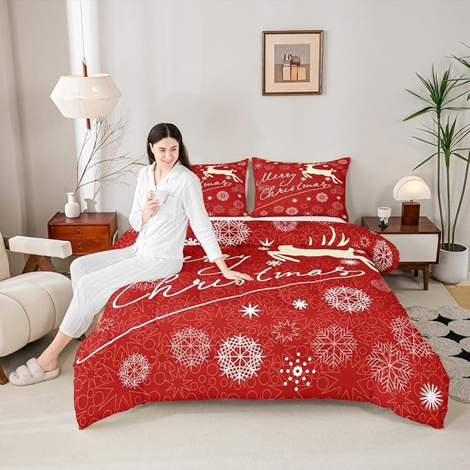 Merry Christmas Kids Comforter Set Twin Size,Deer Animal Silhouette Bedding,Girls Boys Adults Bedroom/Xmas Cabin Decor,Snowflake Dot Graffiti Down Comforter,Red Romantic Duvet Insert,1 Pillowcase