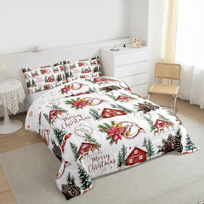 Merry Christmas Comforter Set King Size,Poinsettia Winter Xmas Pine Tree Kids Bedding Set,Snowflake Rustic Farmhouse Quilt Comforter,Red Green White Duvet Insert,2 Pillowcases