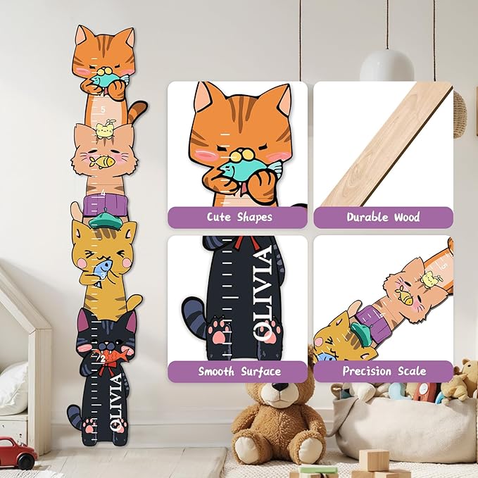 Personalized Name Growth Chart for Wall, Kitten Eating Fish Wooden Height Chart, Thick Height Measuring Board for Boys and Girls, Measurement Ruler for Kids, Easy to Install