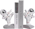 White Book Ends for Kids, Upgraded Astronaut Bookends Resin Spaceman Book Holders for Shelves Sturdy Book Stopper Book Ends to Hold Books Unique Outer Space Book Shelf Ends(F2-Silver Color)