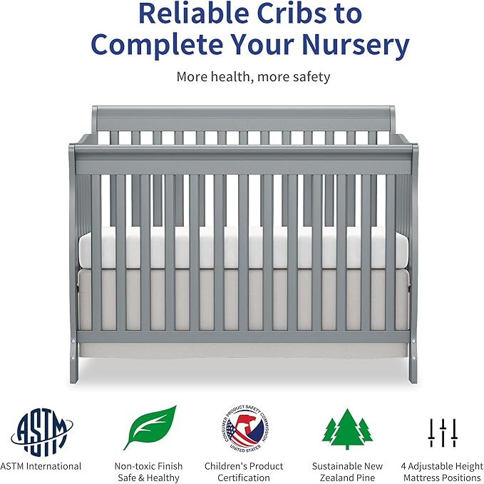 Baby Crib 5-in-1 Convertible, Wooden Cribs Converts to Toddler Bed, Daybed and Full-Size Bed, Nursery Furniture with Non-Toxic Finishes (Steel Grey)