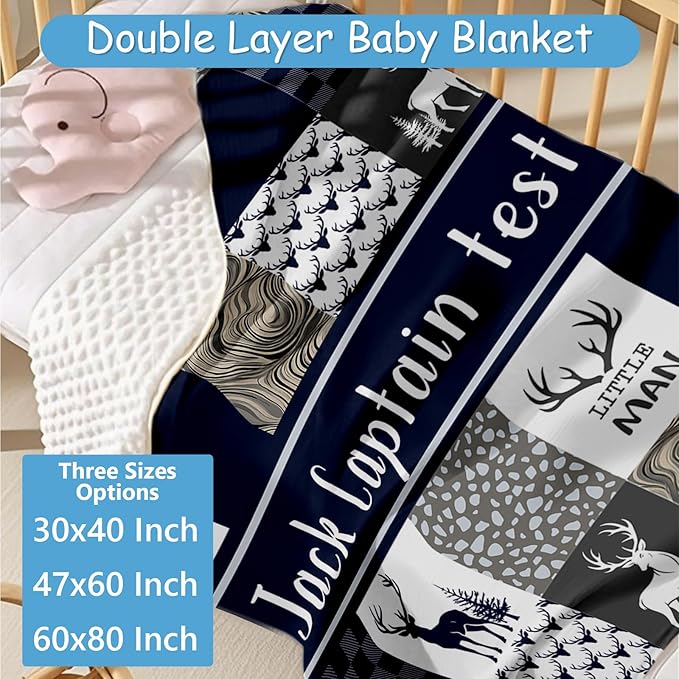 Custom Name Cirb Bedding Set - 5 Pcs Woodland Deer Baby Crib Set, Double Layer Blue Nursery Bedding Set for Baby Boys, Soft Flannel Baby Blanket, Toddler Infant New Parents Customized Gift
