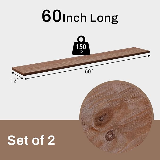 12x60Inch Rustic Walnut Wood Floating Shelves 2-Pack - Farmhouse Brown Wall Shelves with 100 lbs Capacity, Easy Installation for Living Room, Kitchen, Bathroom