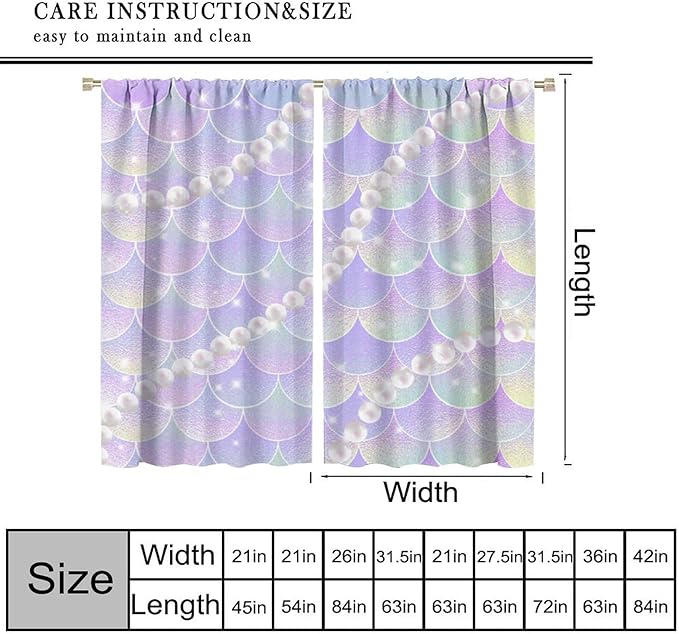 Mermaid Curtains, Gradient Color Pink Purple Pearl Ocean Theme Mermaid Fish Scale Print Decoration Suitable for Children Girls Bedroom Nursery Curtains 42x44 Inch