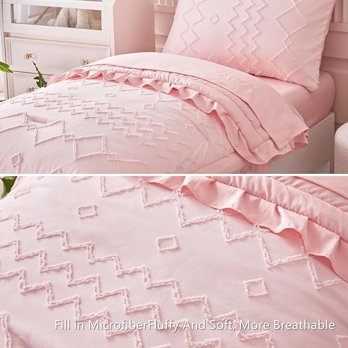 AIKASY Toddler Bedding Set 4 Pieces Super Soft Comforter Set, Shabby Boho Bohemian Design for Boys and Girls（Ruffle Fringe Comforter, Flat Sheet, Fitted Sheet and Pillowcase）- Coral Pink