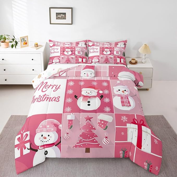 Xmas Comforter Set Queen Size,Snowman Christmas Tree Snowflake Bedding Set for Kids Boys Girls Room Decor,Pink Plaid Patchwork Duvet Insert 3Pcs,Merry Christmas Cartoon Quilt Set,2 Pillowcases
