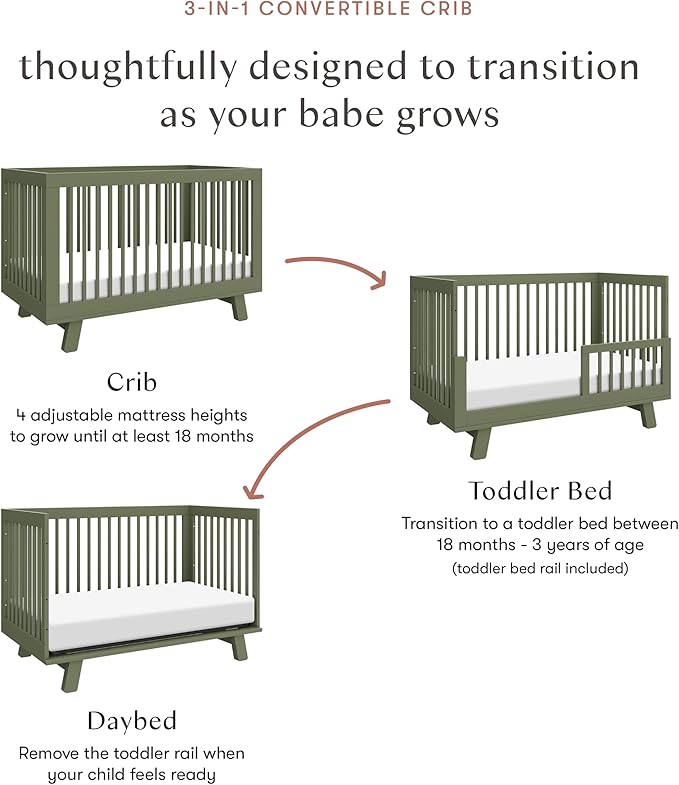 babyletto Hudson 3-in-1 Baby Crib Convertible to Toddler Bed & Daybed - GREENGUARD Gold Certified - 4 Adjustable Heights - Made of 100% Solid Wood - Includes Toddler Conversion Kit - Olive Green