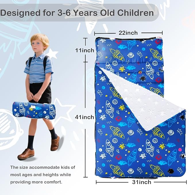 Toddler Nap Mat with Removable Pillow and Blanket, Cot Nap Mats for Daycare Preschool Kindergarten, Roll Up Lightweight Portable Travel Sleeping Bag, Blue Space
