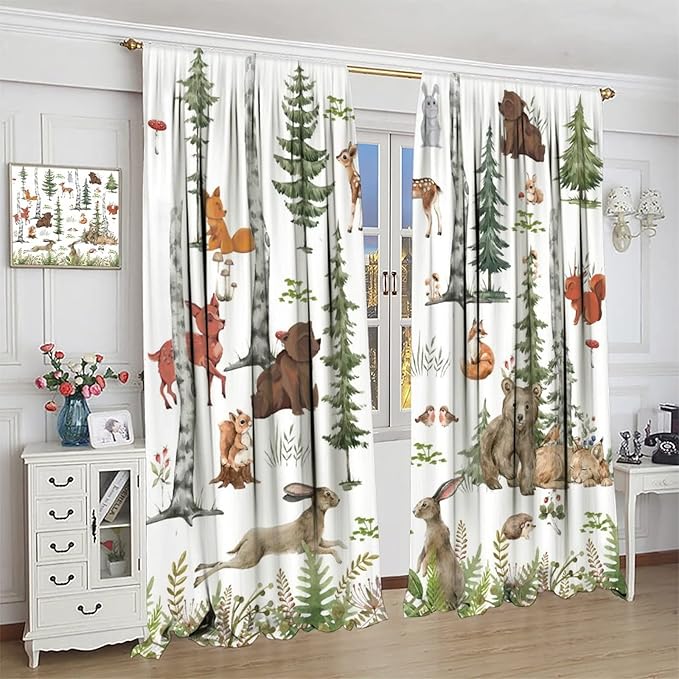 Animal Kids Curtains, Woodland Squirrel Rabbit Bear Animal Friends Forest Curtains for Boys and Girls Bedroom Living Room Kitchen 63x72in