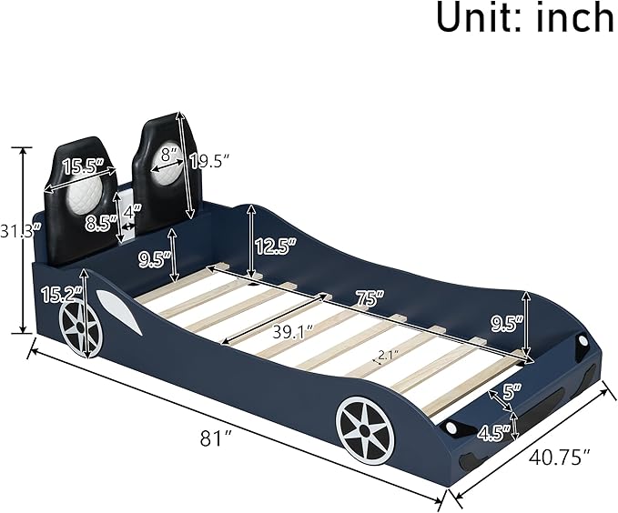 Harper & Bright Designs Wood Twin Size Race Car-Shaped Platform Bed with LED and Upholstered Backrest, Blue