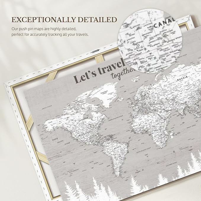 ElephantStock - Let's Travel II Push Pin World Map Wall Art - Horizontal Canvas Wall Art - Living Room Wall Decor - Digital Art Map Canvas Art - Gray And White Decor - 51" x 34"