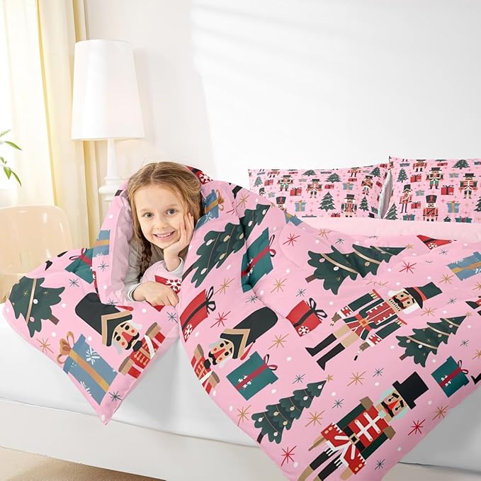 Feelyou Nutcracker Comforter Set All Season Merry Christmas Tree Bedding Set with 2 Pillow Cases Snowflake Kids Full Bedclothes Soldier Print Decor Duvet Quilt Soft Lightweight