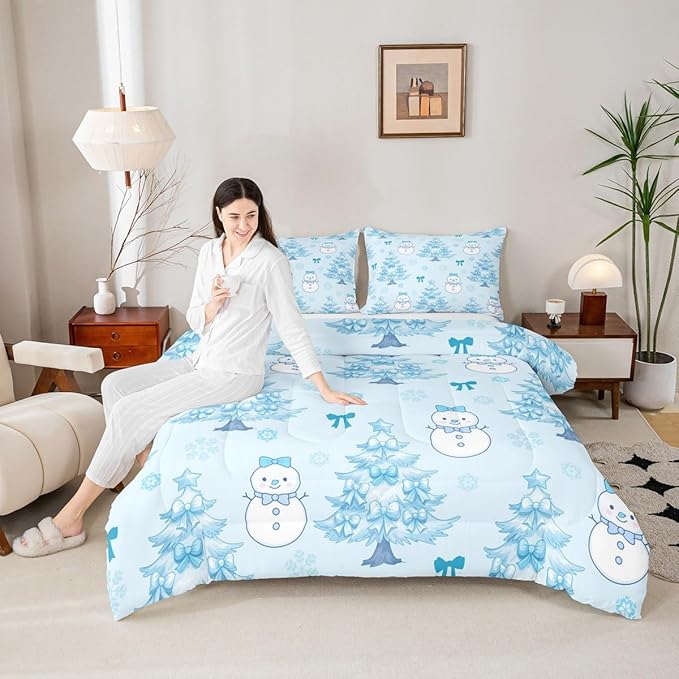Feelyou Merry Christmas Comforter Set King Size Cute Snowman Bedding Set for Kids Boys Girls Cartoon Bowknot Duvet Quilt Christmas Tree Microfiber 3 Pcs with 2 Pillow Cases