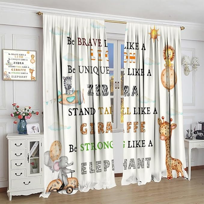 Cartoon Animals Curtains, Cute Jungle Animal Zebra Elephant Lion Giraffe Blackout Window Treatments, Rod Pocket Thermal Insulated Drapes 2 Panel Sets for Kids Bedroom Nursery Classroom, 72"W X 63"L