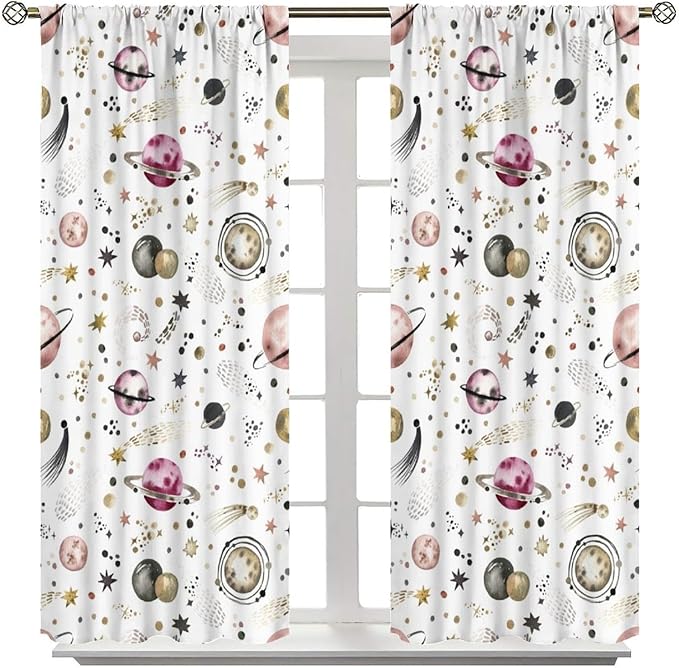 Kids Outer Space Curtains, Cartoon Galaxy Planet Universe Starry Starts Printed Window Drapes for Boys Girls Teens Bedroom Nursery 55" W X 63" L