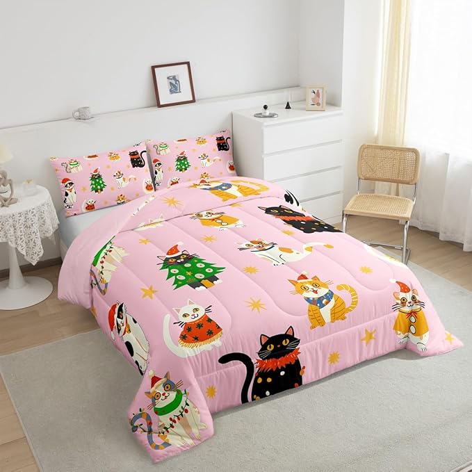 Erosebridal Christmas Decor Quilts Cute Cats Comforter Set Toddler Size for Kids Boys Girls Bedroom Xmas Tree Bedding Set Cartoon Animal Down Comforter with 1 Pillow Case