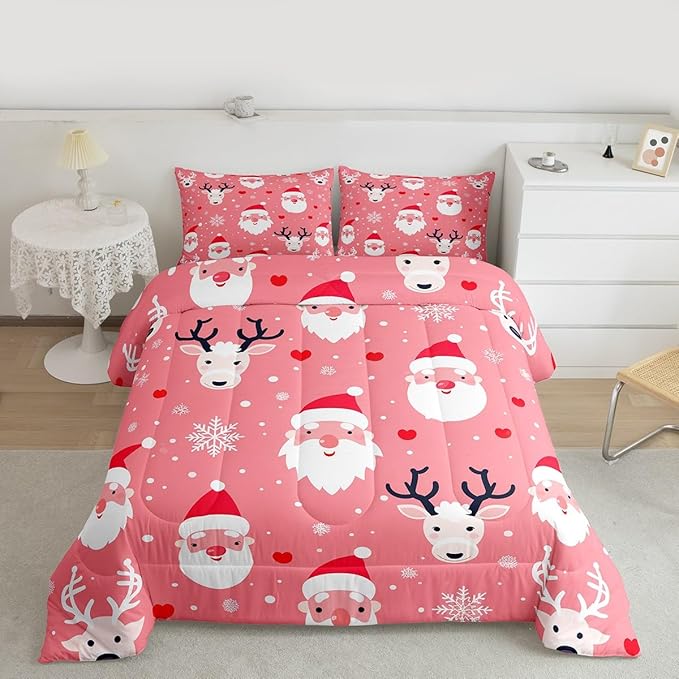 Feelyou Christmas Comforter Set All Season Santa Deer Bedding Set with 1 Pillow Cases Snowflake Microfiber Kids Twin Bedclothes Bedroom Decor Duvet Quilt Breathable Soft Lightweight