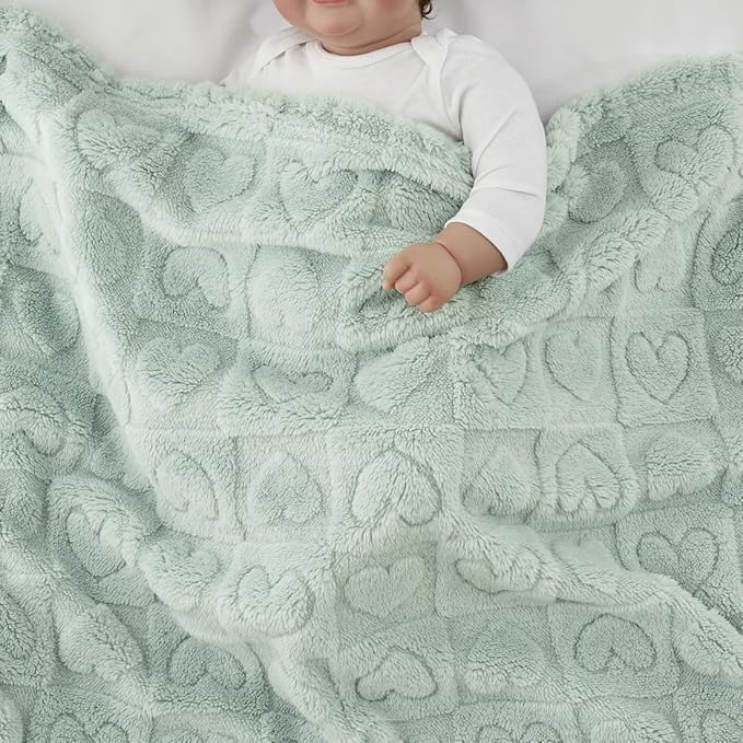 CREVENT 2Pcs 30''X40'' Cute Cozy Fluffy Warm Baby Blankets for Infants Toddlers' Bedding Crib Cot Stroller - Grey Cloud + Green Sherpa